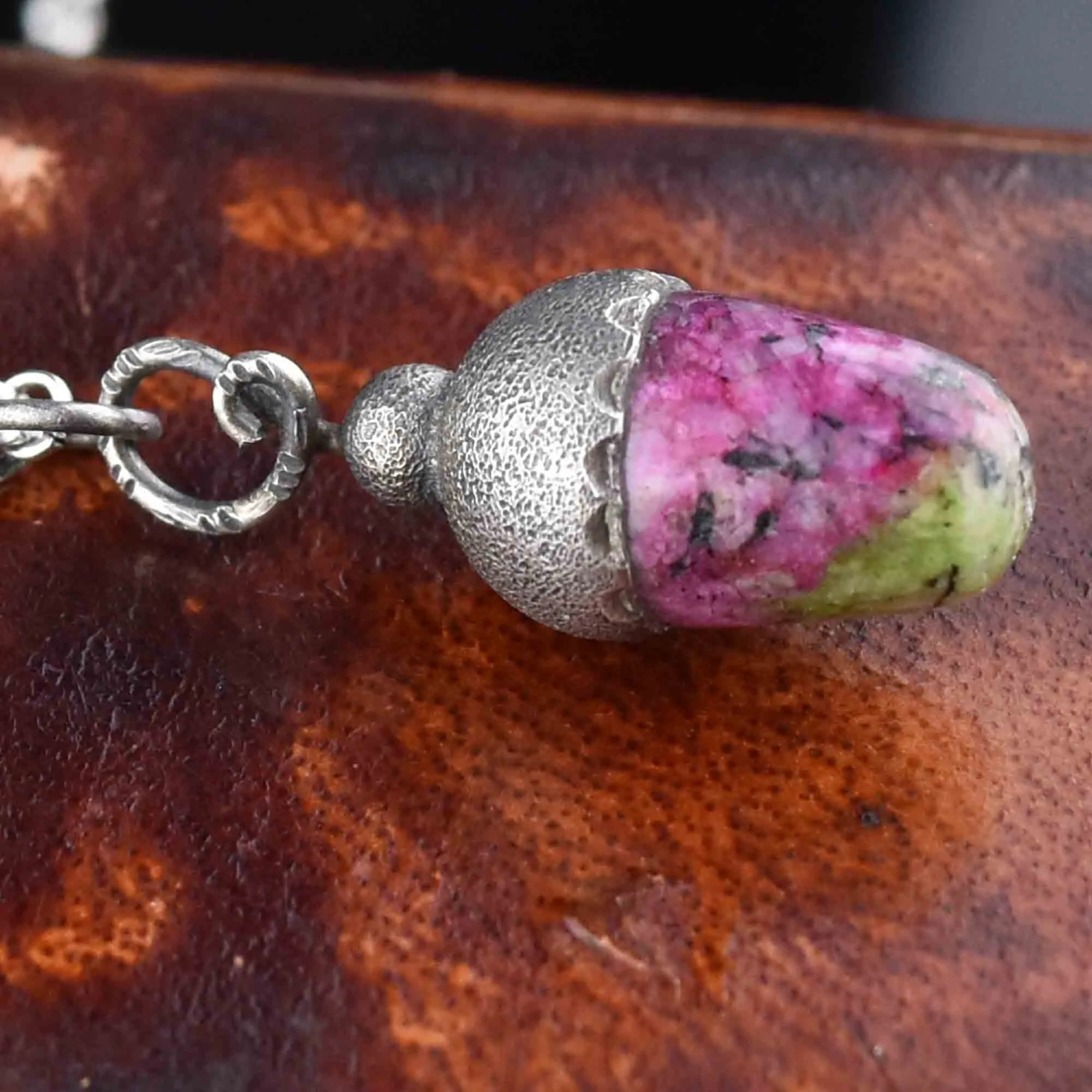 Silver Pink Marble Acorn Pendant Necklace