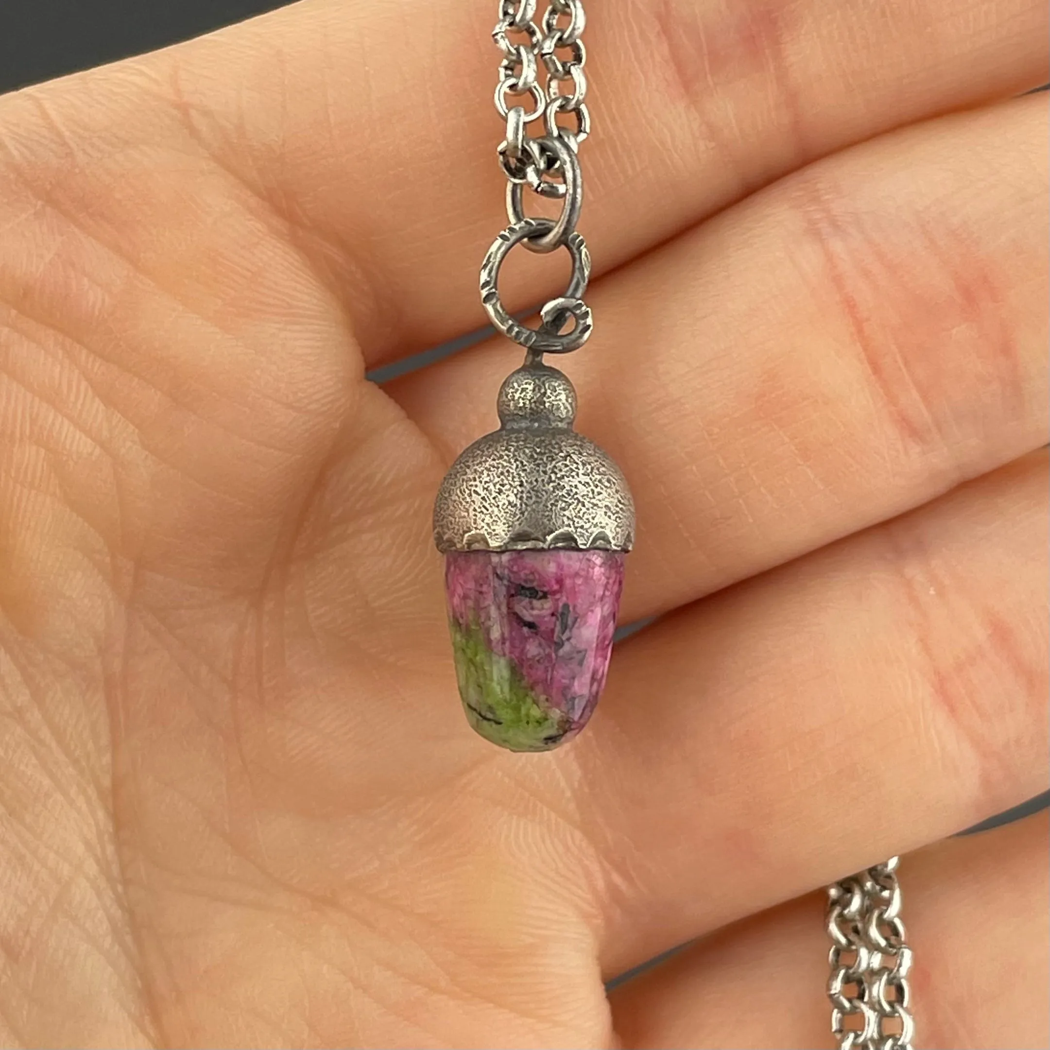 Silver Pink Marble Acorn Pendant Necklace