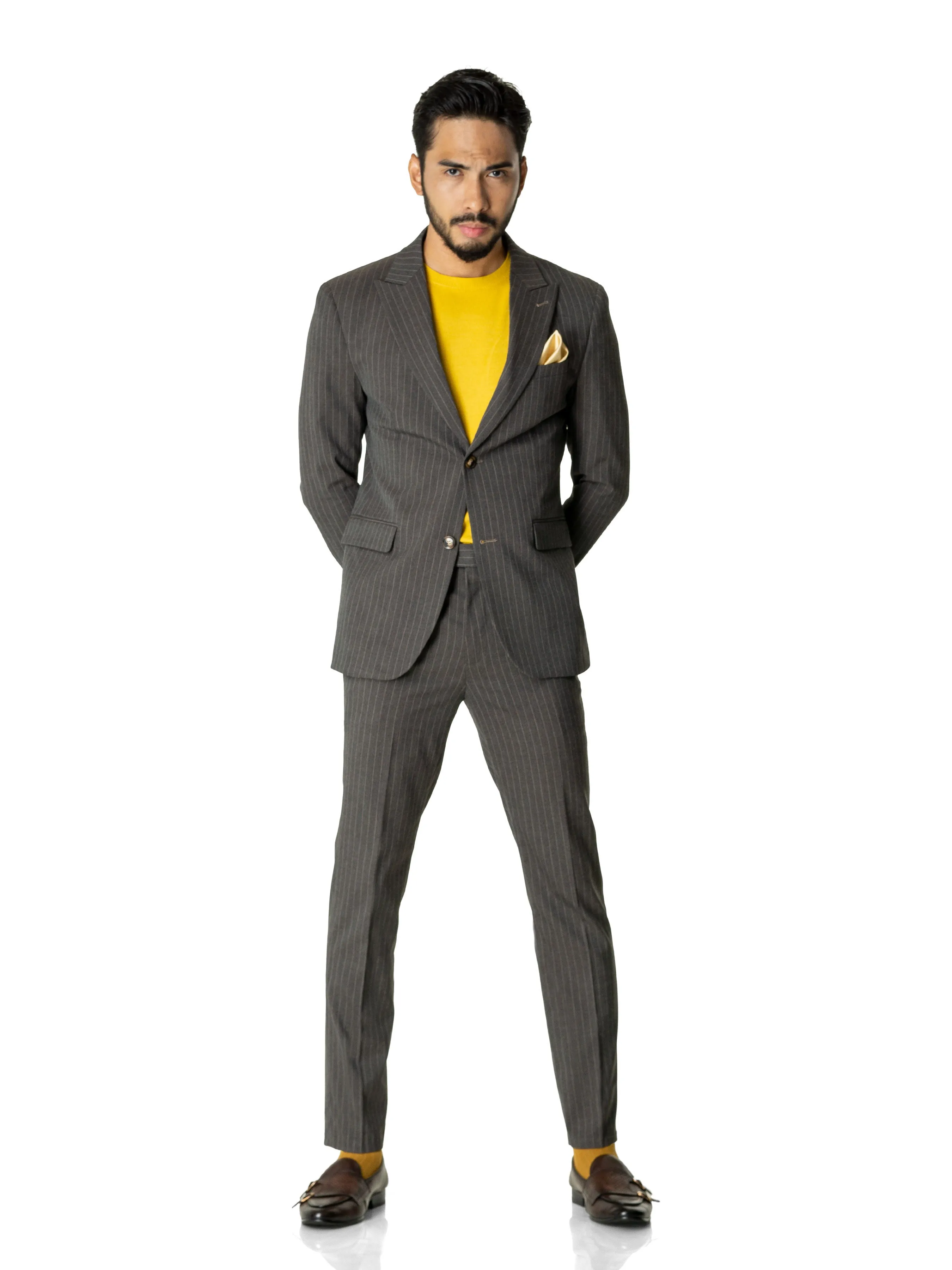 Single Breasted Suit Blazer - Dark Grey with Brown Pinstripes (Peak Lapel)