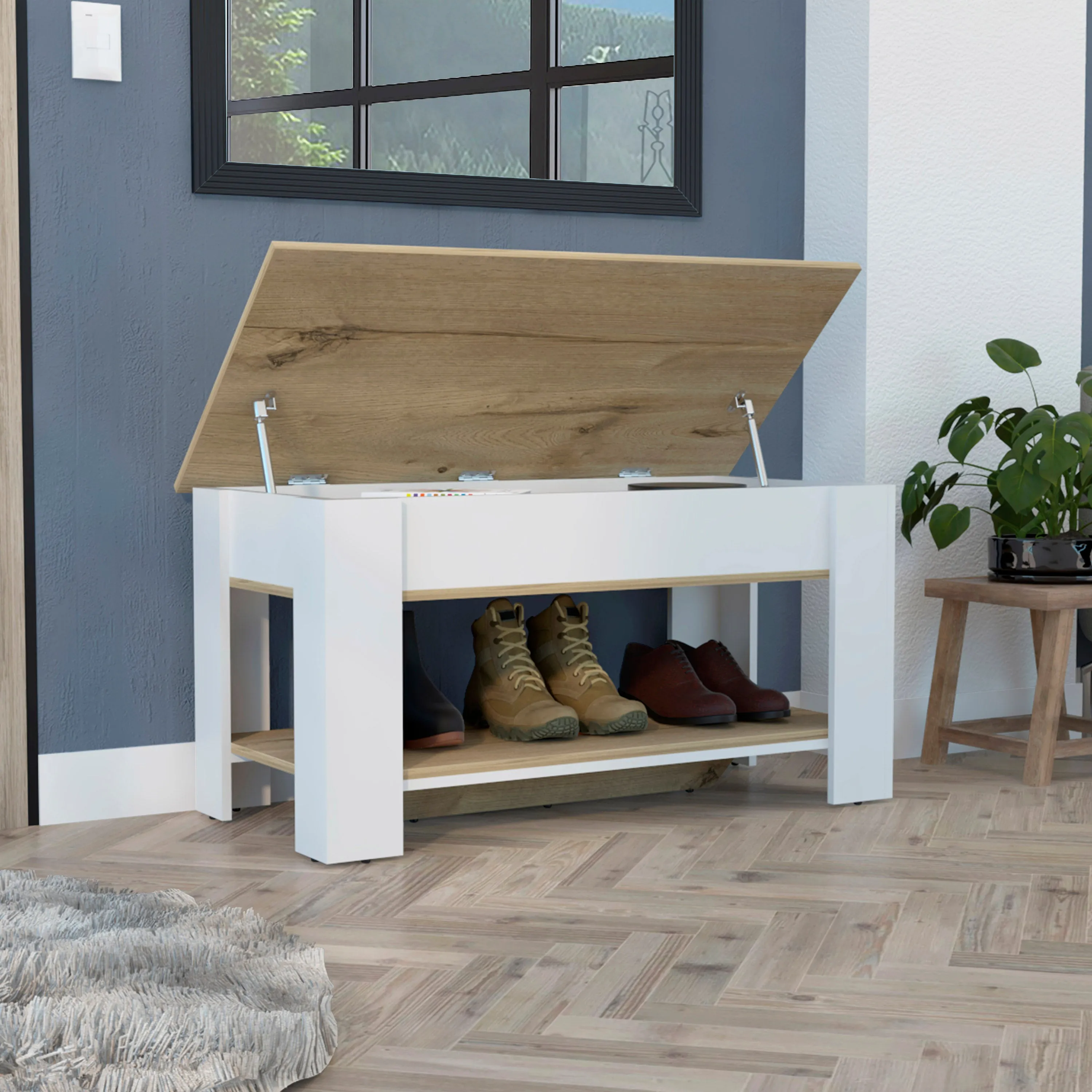 Storage Table Polgon with Extendable Shelf Lower Shelf Light Oak/White