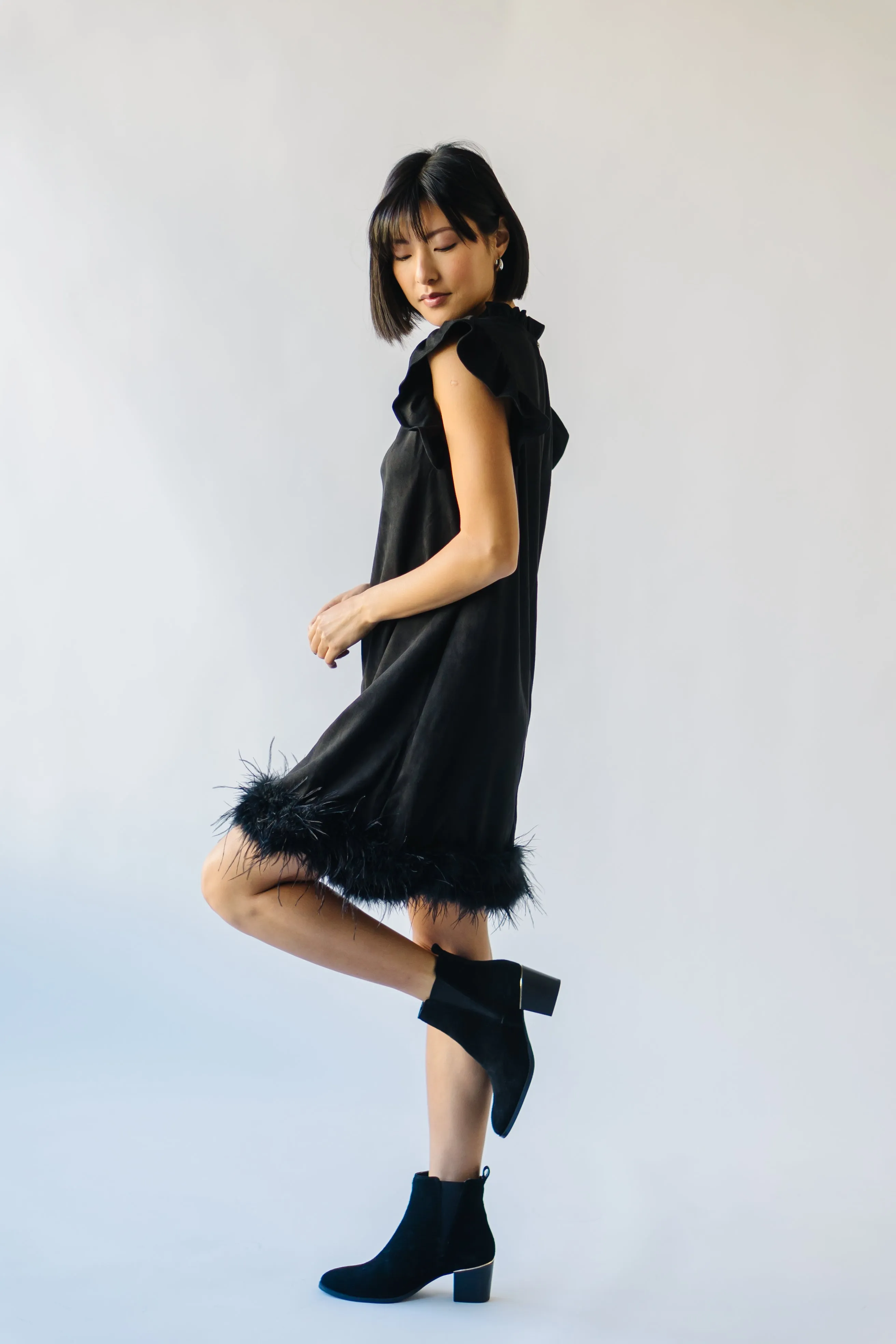 The Pressler Fur Detail Dress in Black Suede