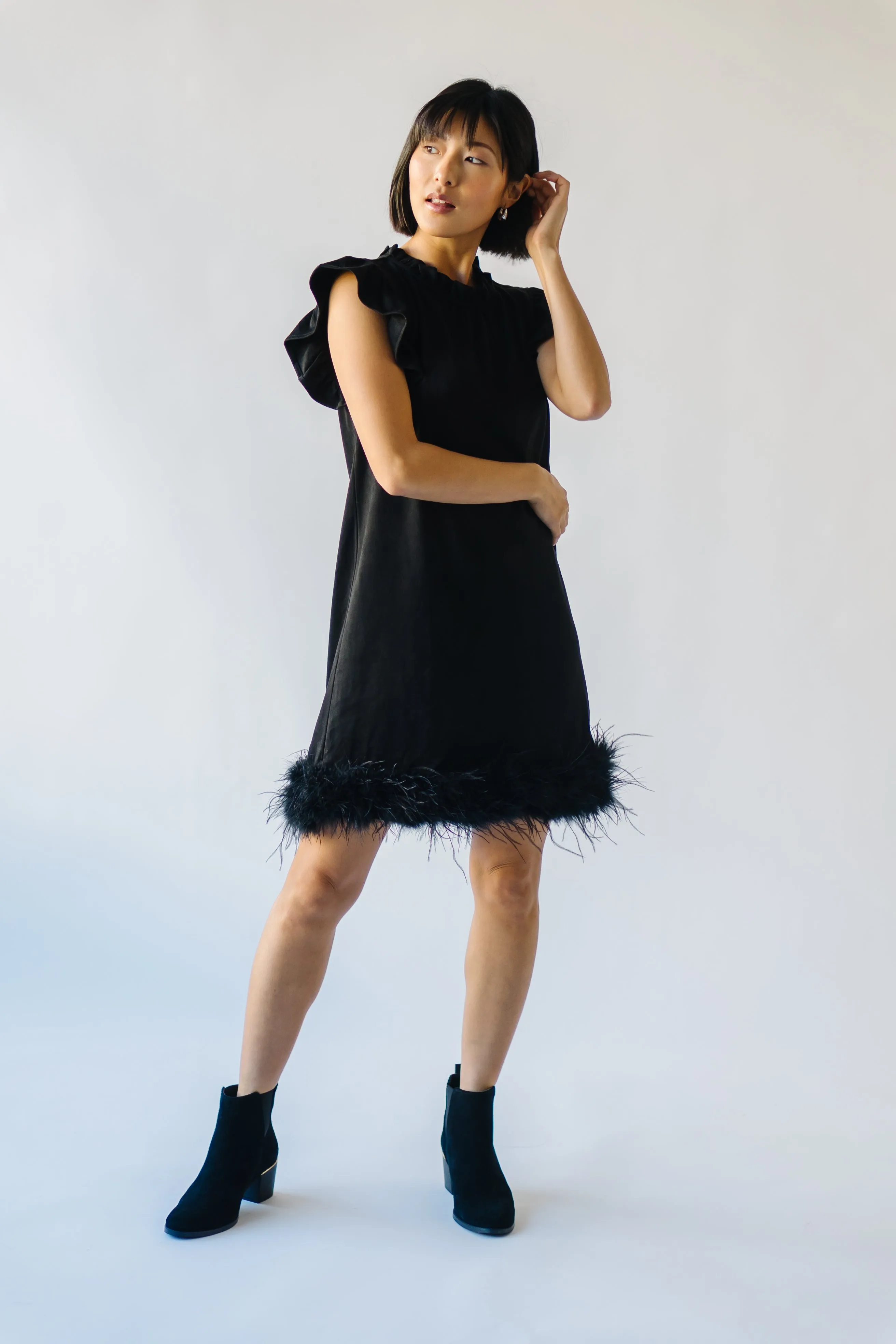 The Pressler Fur Detail Dress in Black Suede