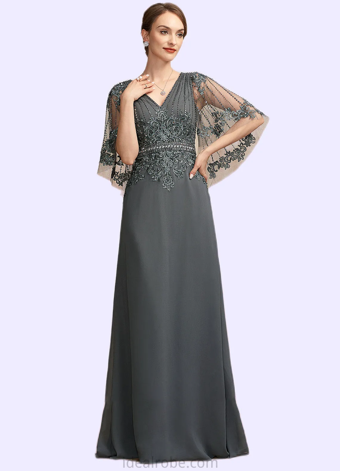 Tiffany A-Line V-neck Floor-Length Chiffon Lace Mother of the Bride Dress With Beading Sequins STK126P0014674