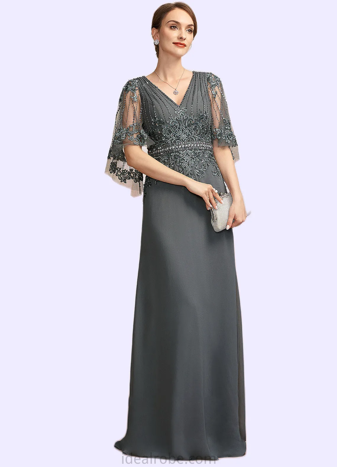 Tiffany A-Line V-neck Floor-Length Chiffon Lace Mother of the Bride Dress With Beading Sequins STK126P0014674