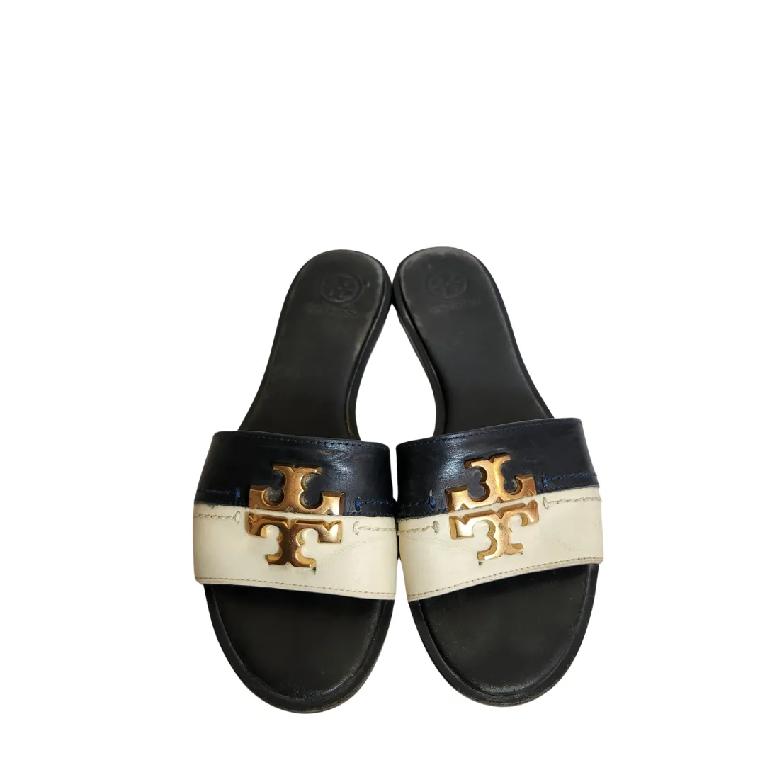 Tory Burch Navy and Cream Leather Eleanor Slides | Pre Loved |