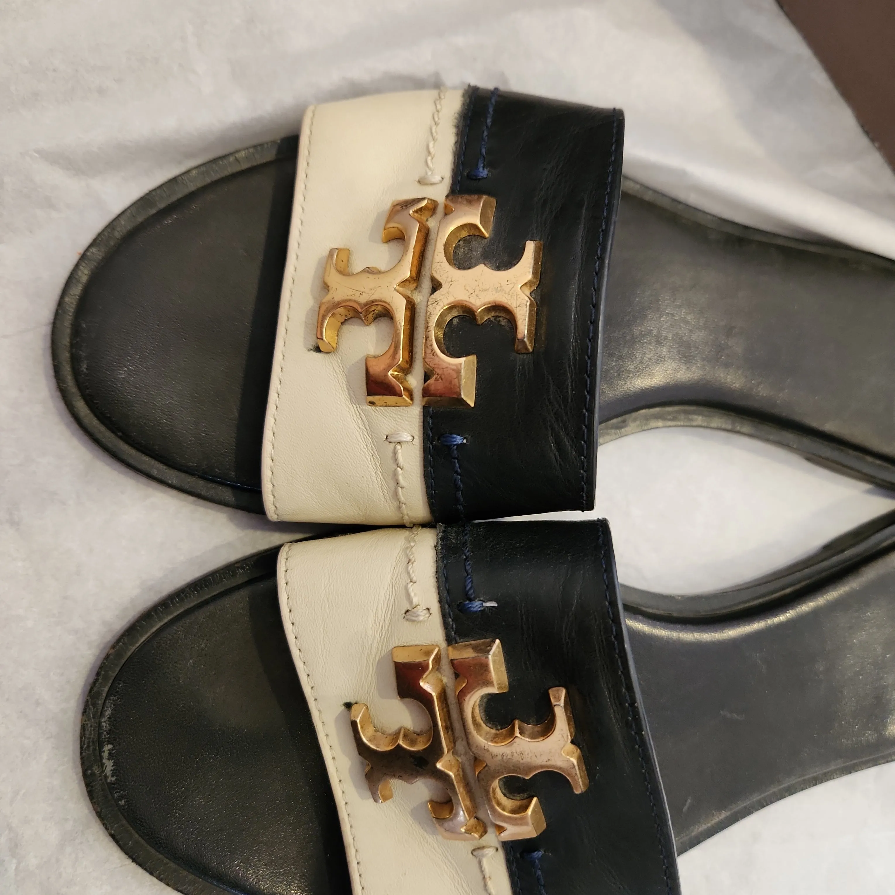 Tory Burch Navy and Cream Leather Eleanor Slides | Pre Loved |