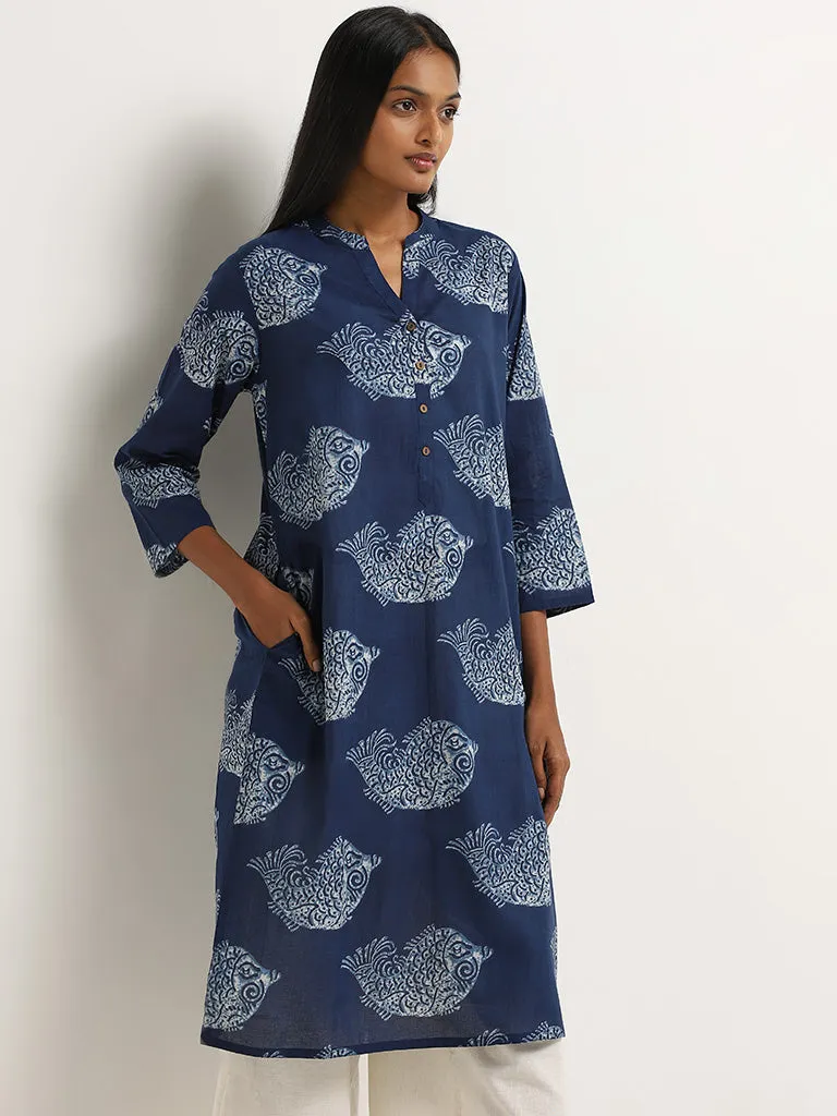 Utsa Indigo Printed Cotton A-Line Kurta