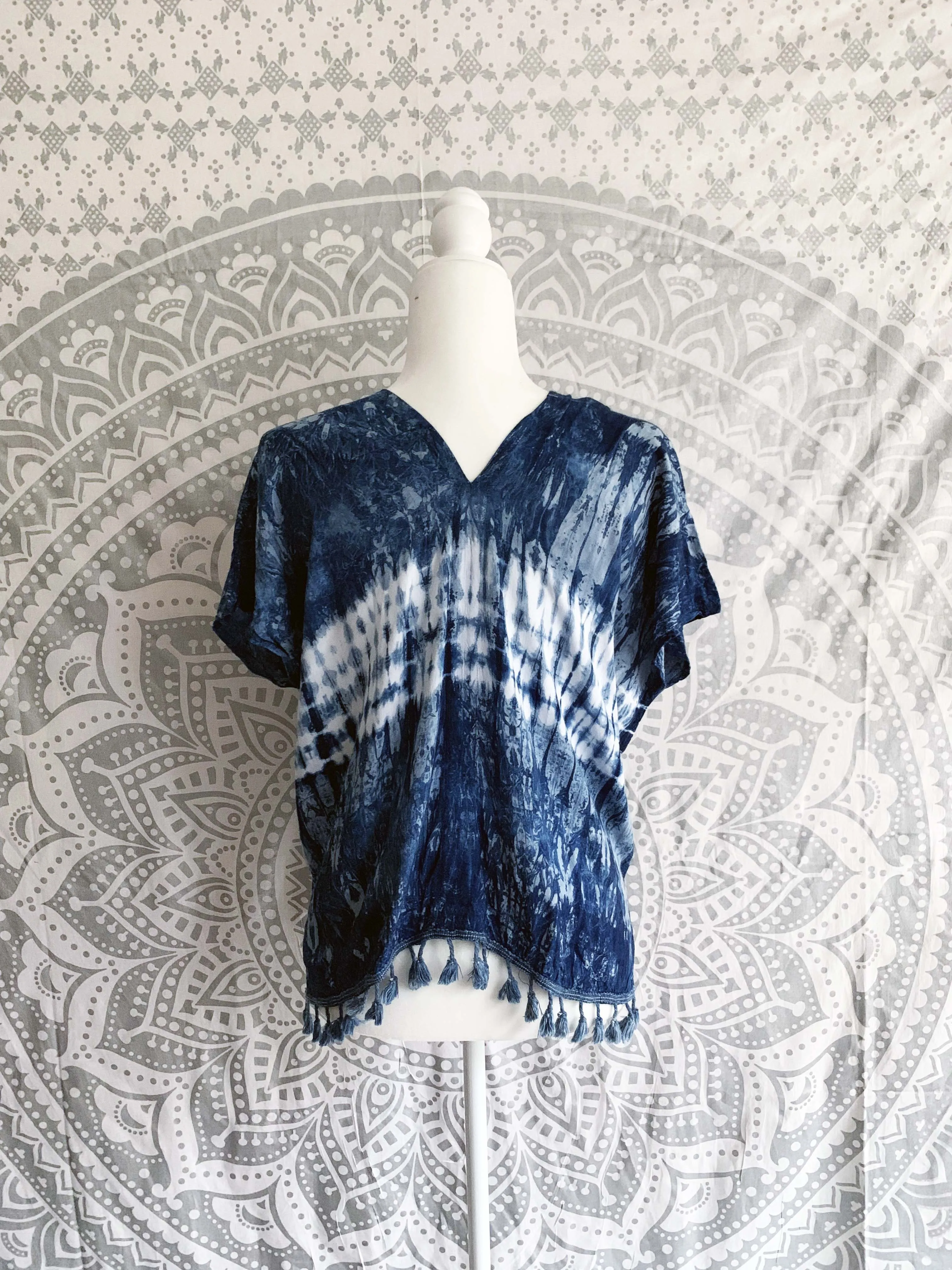 V - Neck Top with Fringe Rayon Tie Dye