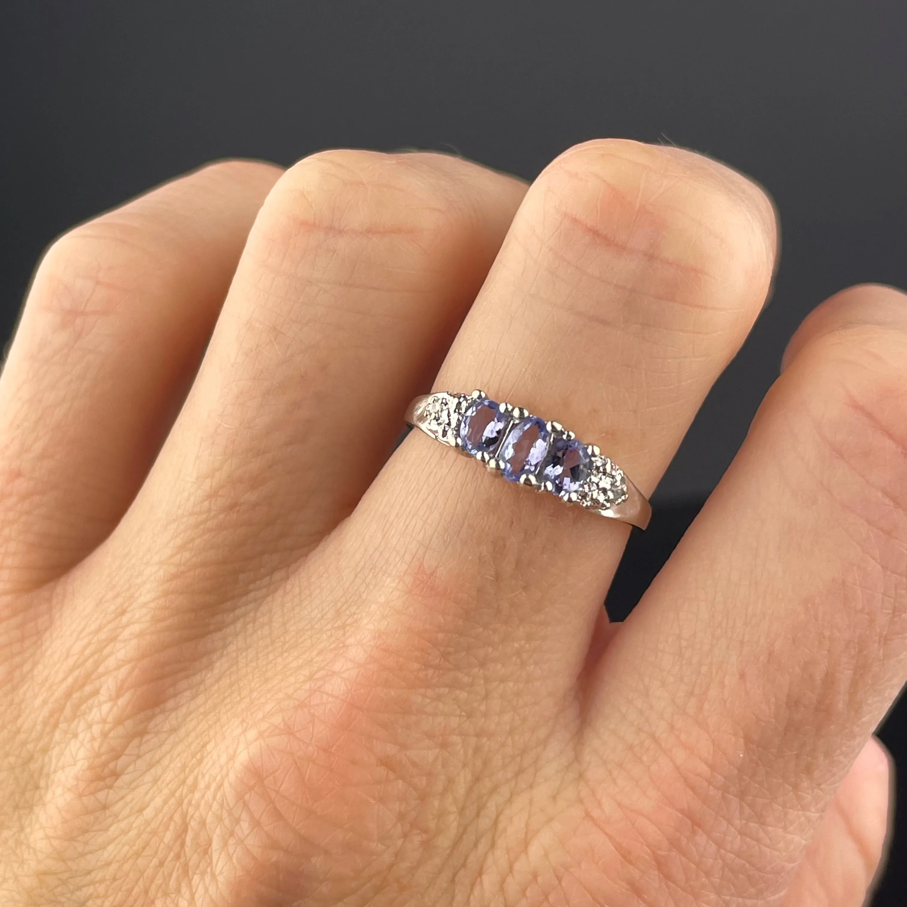 Vintage 10K White Gold Diamond Tanzanite Stacking Ring