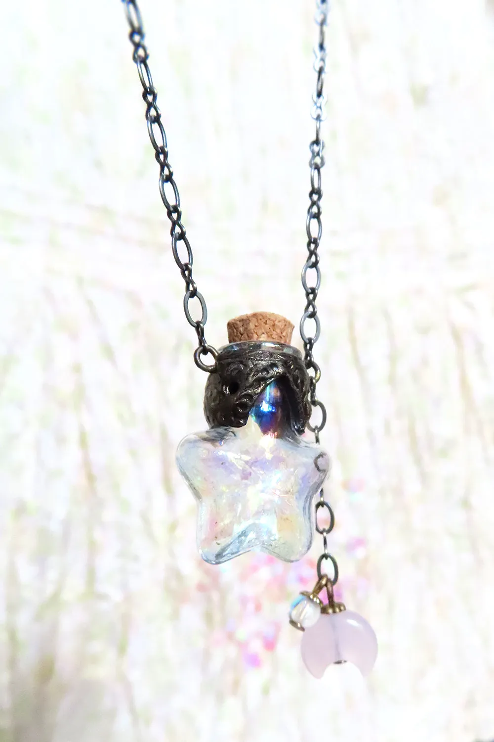 Wish Upon a Star ~ Iridescent Glass Vessel Amulet with Rose Quartz Crescent Moon