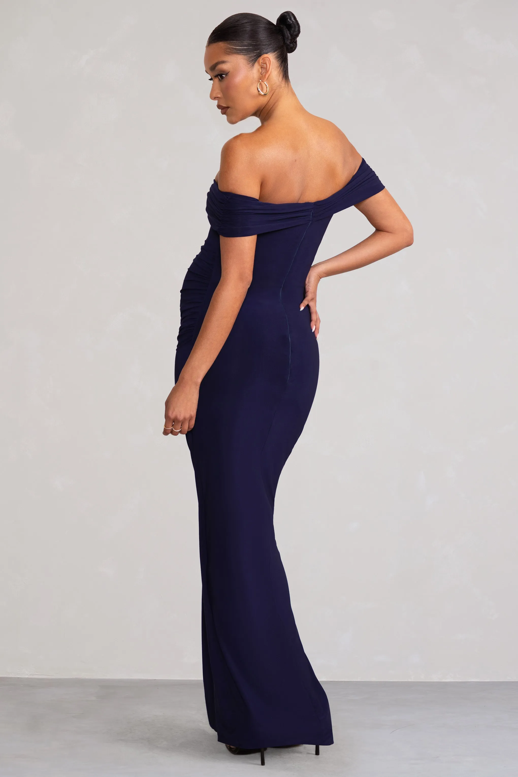 Worth The Wait | Navy Maternity Ruched Bardot Split Hem Maxi Dress