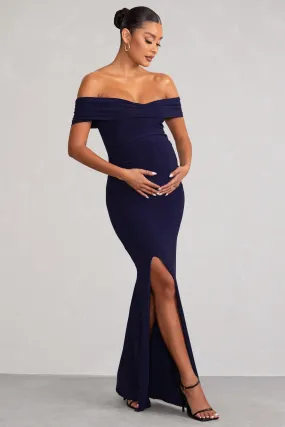 Worth The Wait | Navy Maternity Ruched Bardot Split Hem Maxi Dress